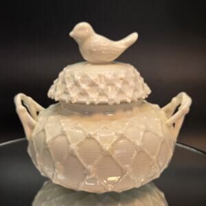Grace's Teaware Sugar Bowl Bird Finial Lattice Design White Porcelain